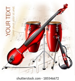 Musical background series. Electric violin, electric contrabass and traditional Conga drum, isolated on white background with musical notes . Vector illustration  