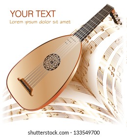 Musical background series. Late Baroque era lute with musical notes in retro style. Vector illustration