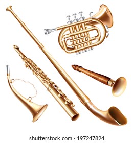 Musical background series. Set of brass wind instruments, isolated on white background . Vector illustration 