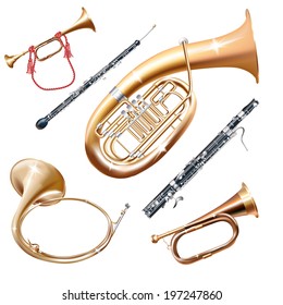 Musical background series. Set of brass wind instruments, isolated on white background . Vector illustration 