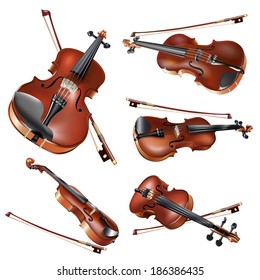 Musical background series. Set of classical violins in different projections, isolated on white background . Vector illustration 