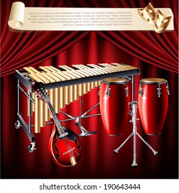 Musical background series. Set of musical instruments, isolated on a red velvet curtain background. Vector illustration 