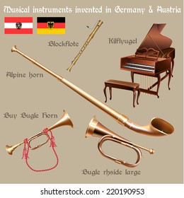 Musical background series. Set of musical instruments invented in Germany & Austria. Vector Illustration