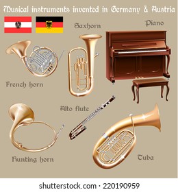 Musical background series. Set of musical instruments invented in Germany & Austria. Vector Illustration