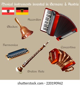 Musical background series. Set of musical instruments invented in Germany & Austria. Vector Illustration