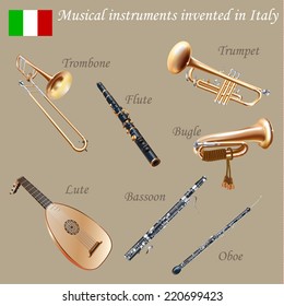 Musical background series. Set of musical instruments invented in Italy. Vector Illustration