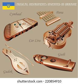 Musical background series. Set of musical instruments invented in Ukraine. Vector Illustration