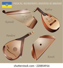 Musical background series. Set of musical instruments invented in Ukraine. Vector Illustration