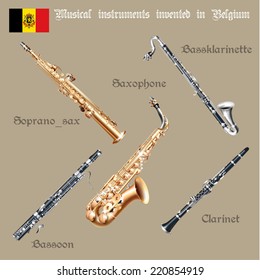 Musical background series. Set of musical instruments invented in Belgium. Vector Illustration