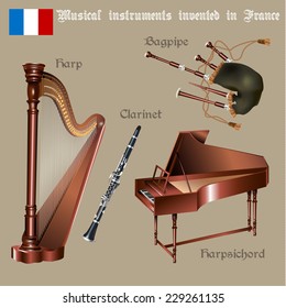 Musical background series. Set of musical instruments invented in France. Vector Illustration