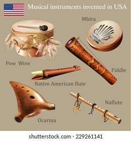 Musical background series. Set of musical instruments invented in the USA. Vector Illustration