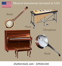 Musical background series. Set of musical instruments invented in the USA. Vector Illustration 