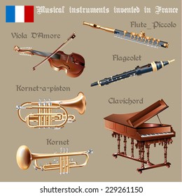 Musical background series. Set of musical instruments invented in France. Vector Illustration