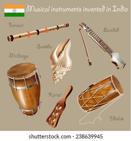 Musical background series. Set of musical instruments invented in India. Vector Illustration