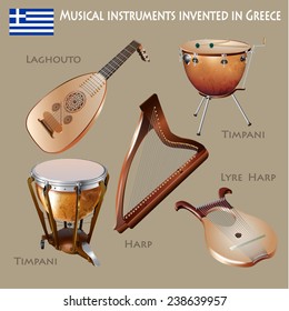 Musical background series. Set of musical instruments invented in Greece. Vector Illustration