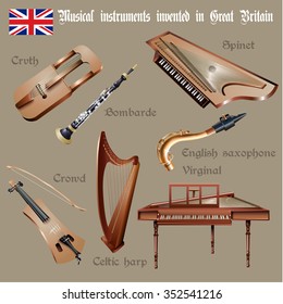 Musical background series. Set of musical instruments invented in Great Britain. Vector Illustration 