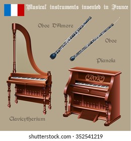 Musical background series. Set of musical instruments invented in France. Vector Illustration