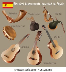 Musical background series. Set of musical instruments invented in Spain. Vector Illustration