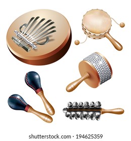 Musical background series. Set of percussion instruments (noisemakers), isolated on white background. Vector illustration