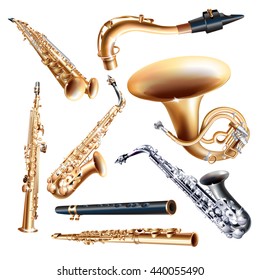 Musical background series. Set of saxophones, isolated on white background . Vector illustration