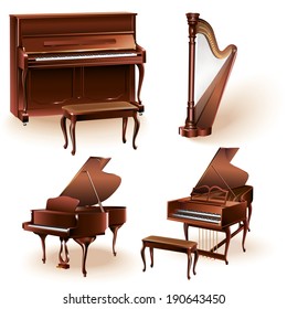 Musical background series. Set of three pianos and harp, isolated on white background. Vector illustration 