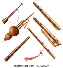 Musikalische Hintergrundserie. Set von traditionellen Holzblasinstrumenten einzeln auf weißem Hintergrund . Vektorgrafik
