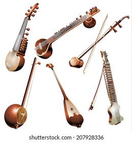 Musical background series. Set of traditional string instruments, isolated on white background . Vector illustration