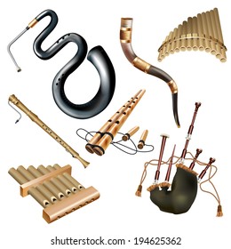 Musical background series. Set of woodwind instruments, isolated on white background. Vector illustration