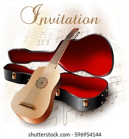 Musical background series. Traditional Mexican vihuela, isolated on white background with musical notes and the 'Invitation' wording. Vector illustration