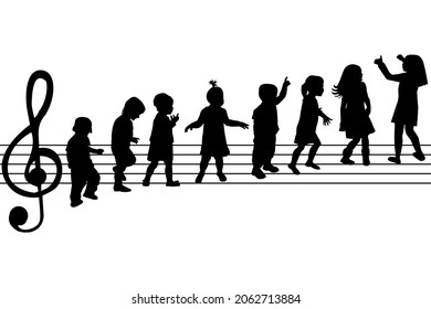 Musical background with silhouette of kids on stave like music notes