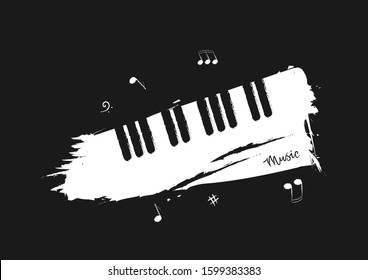 Musical background in the style of a pencil sketch. Black and white piano keys with music notes and the words. 