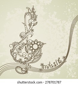 Musical background with a treble clef and a flower pattern