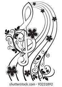 Musical background with a treble clef and a flower pattern