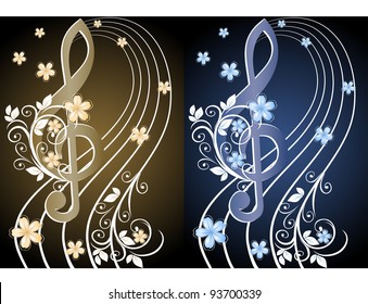 fondo musical con un trébol y un patrón de flores