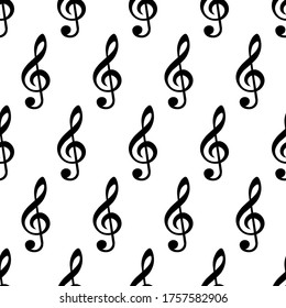 Musical background, treble clef seamless pattern, vector illustration.