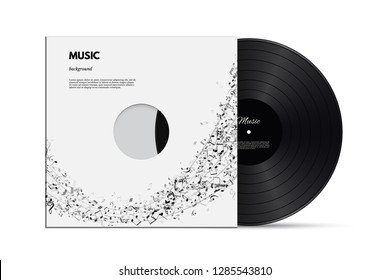 Musical background with vinyl disc and cover with black notes isolated on white background. Vector illustration for music flyer, banner, poster or brochure