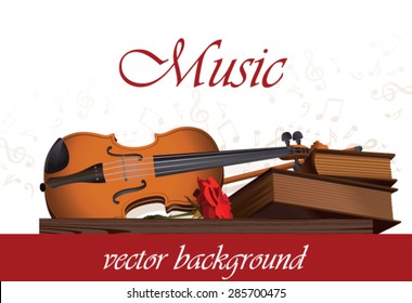 Musical background with violin, books and rose.