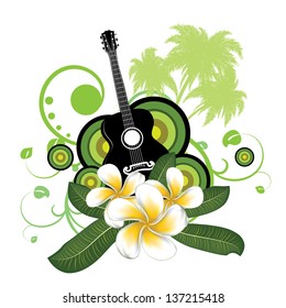 Musical background with white plumeria flowers and guitar.