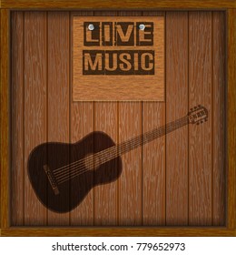 Musical background with wooden boards, inscription live music, images acoustic guitar. There is space for your text or image.