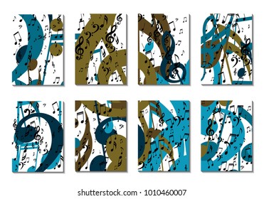 Musical Backgrounds for Posters. Set of 8 Editable Cover Designs with Notes, Bass and Treble Clefs. Vertical Rectangular Backgrounds with Music Symbols Covered with Clipping Mask. Vector Card Design