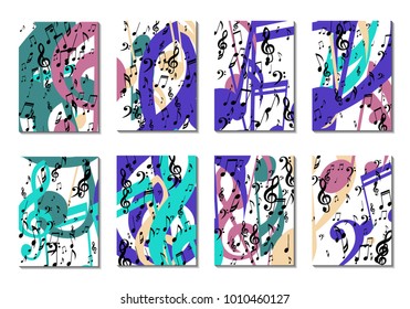 Musical Backgrounds for Posters. Set of 8 Editable Cover Designs with Notes, Bass and Treble Clefs. Vertical Rectangular Backgrounds with Music Symbols Covered with Clipping Mask. Vector Card Design