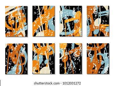 Musical Backgrounds for Posters. Set of 8 Editable Cover Designs with Notes, Bass and Treble Clefs. Vertical Rectangular Backgrounds with Music Symbols Covered with Clipping Mask. Vector Card Design