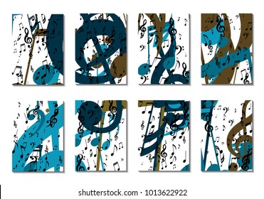 Musical Backgrounds for Posters. Set of 8 Editable Cover Designs with Notes, Bass and Treble Clefs. Vertical Rectangular Backgrounds with Music Symbols Covered with Clipping Mask. Vector Card Design