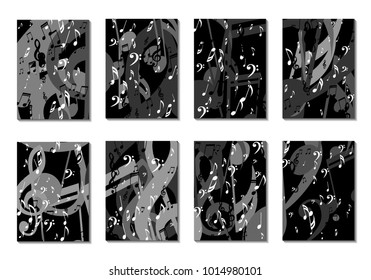 Musical Backgrounds for Posters. Set of 8 Editable Cover Designs with Notes, Bass and Treble Clefs. Vertical Rectangular Backgrounds with Music Symbols Covered with Clipping Mask. Vector Card Design