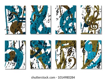 Musical Backgrounds for Posters. Set of 8 Editable Cover Designs with Notes, Bass and Treble Clefs. Vertical Rectangular Backgrounds with Music Symbols Covered with Clipping Mask. Vector Card Design