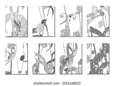 Musical Backgrounds for Posters. Set of 8 Editable Cover Designs with Notes, Bass and Treble Clefs. Vertical Rectangular Backgrounds with Music Symbols Covered with Clipping Mask. Vector Card Design