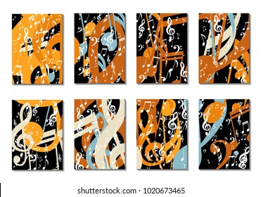 Musical Backgrounds for Posters. Set of 8 Editable Cover Designs with Notes, Bass and Treble Clefs. Vertical Rectangular Backgrounds with Music Symbols Covered with Clipping Mask. Vector Card Design