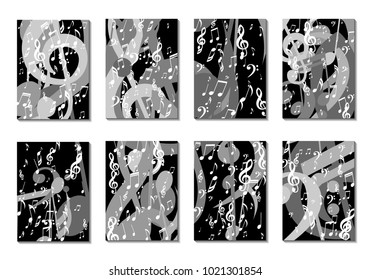 Musical Backgrounds for Posters. Set of 8 Editable Cover Designs with Notes, Bass and Treble Clefs. Vertical Rectangular Backgrounds with Music Symbols Covered with Clipping Mask. Vector Card Design
