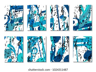 Musical Backgrounds for Posters. Set of 8 Editable Cover Designs with Notes, Bass and Treble Clefs. Vertical Rectangular Backgrounds with Music Symbols Covered with Clipping Mask. Vector Card Design