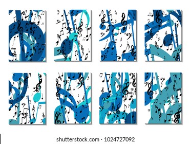 Musical Backgrounds for Posters. Set of 8 Editable Cover Designs with Notes, Bass and Treble Clefs. Vertical Rectangular Backgrounds with Music Symbols Covered with Clipping Mask. Vector Card Design